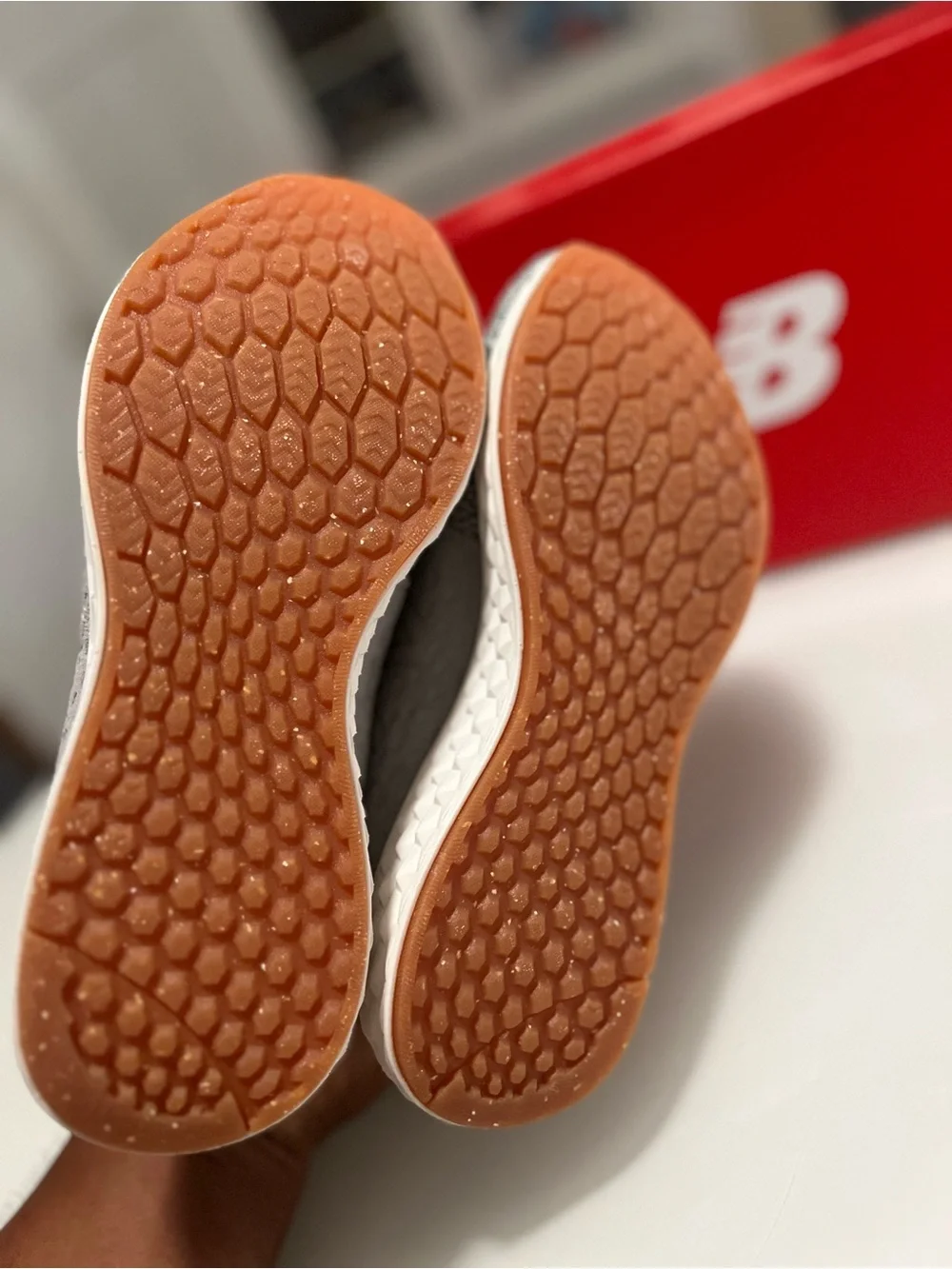New Balance Men’s Grey Knit Sneakers with Tan Accent